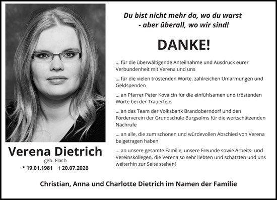 Traueranzeige von Verena Dietrich von Weilburger Tageblatt