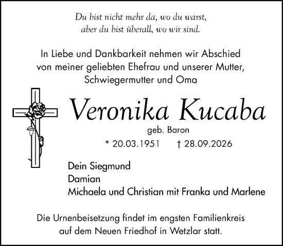 Traueranzeige von Veronika Kucaba von Wetzlarer Neue Zeitung