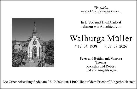 Traueranzeige von Walburga Müller von Allgemeine Zeitung Rheinhessen-Nahe