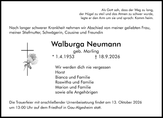 Traueranzeige von Walburga Neumann von Allgemeine Zeitung Rheinhessen-Nahe