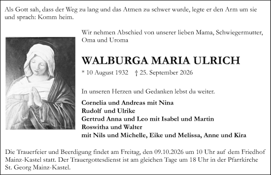 Traueranzeige von Walburga Maria Ulrich von Wiesbadener Kurier