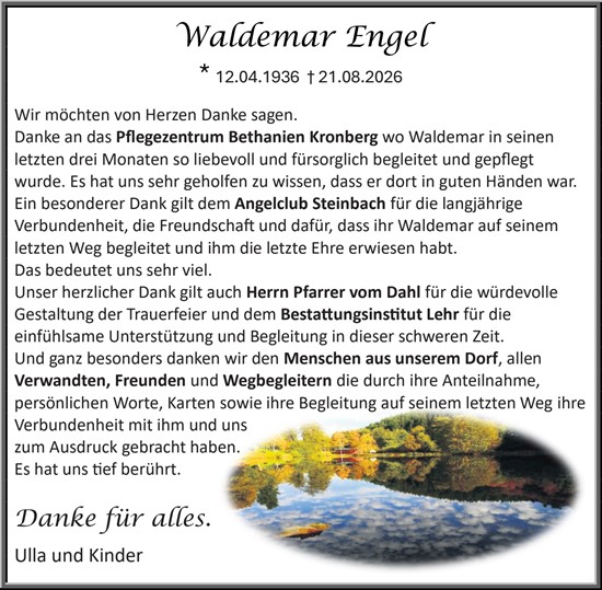 Traueranzeige von Waldemar Engel von Dill Block