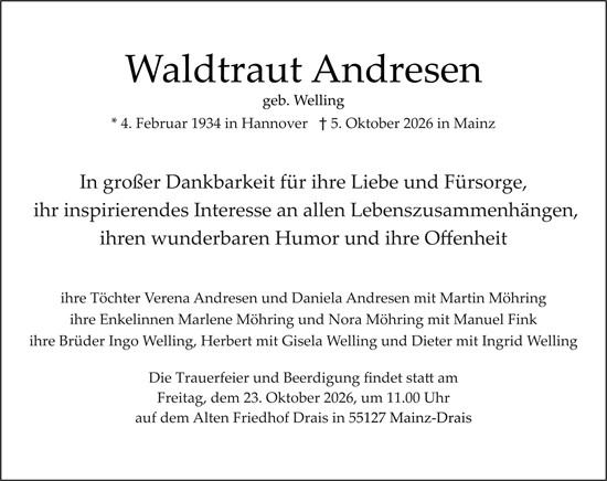 Traueranzeige von Waldtraut Andresen von Allgemeine Zeitung Mainz