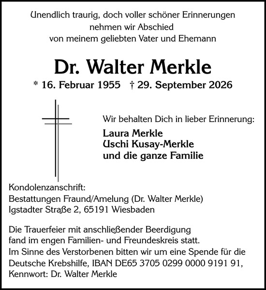 Traueranzeige von Walter Merkle von Wiesbadener Kurier
