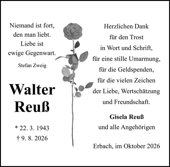 Traueranzeige von Walter Reuß von Odenwälder Echo