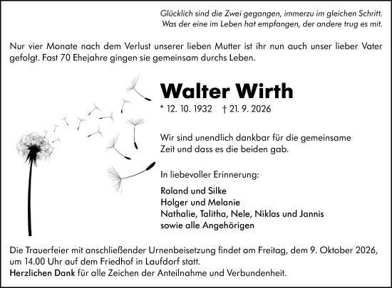 Traueranzeige von Walter Wirth von Wetzlarer Neue Zeitung
