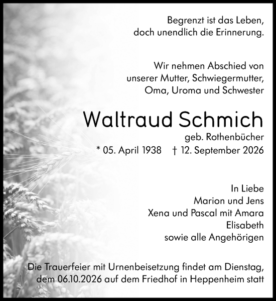 Traueranzeige von Waltraud Schmich von Starkenburger Echo