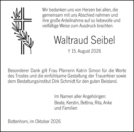 Traueranzeige von Waltraud Seibel von Hinterländer Anzeiger