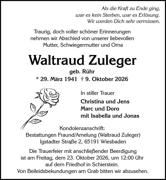 Traueranzeige von Waltraud Zuleger von Wiesbadener Kurier