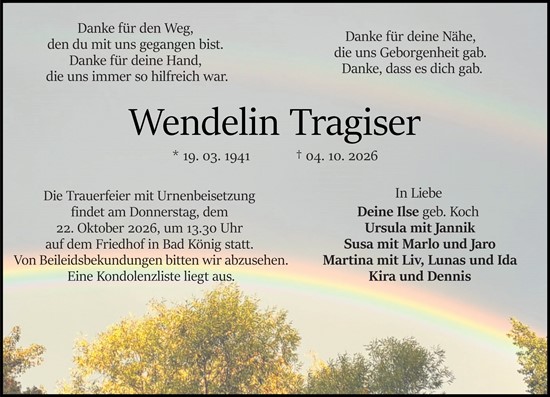 Traueranzeige von Wendelin Tragiser von Odenwälder Echo