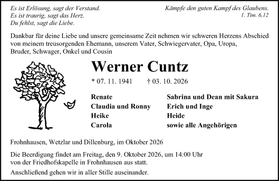 Traueranzeige von Werner Cuntz von Dill Block