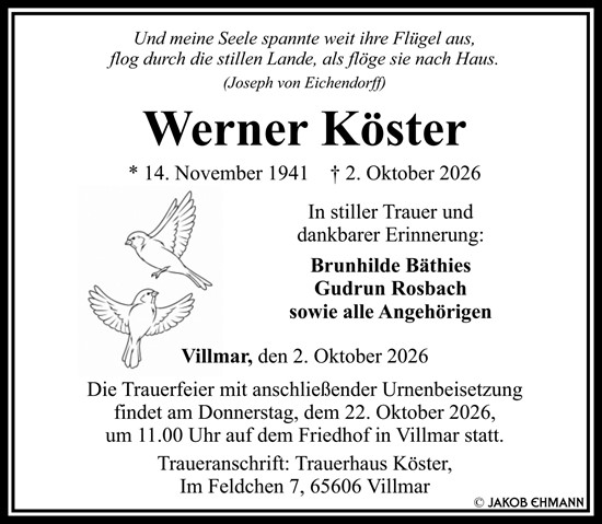 Traueranzeige von Werner Köster von Nassauische Neue Presse