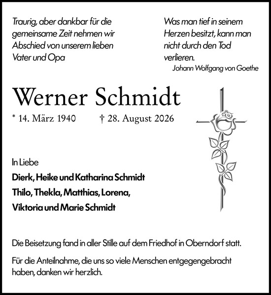 Traueranzeige von Werner Schmidt von Wetzlarer Neue Zeitung