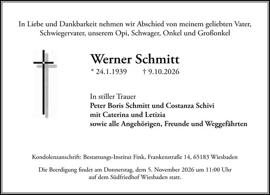 Traueranzeige von Werner Schmitt von Wiesbadener Kurier