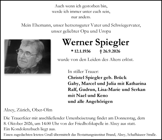 Traueranzeige von Werner Spiegler von Allgemeine Zeitung Alzey