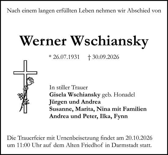 Traueranzeige von Werner Wschiansky von Darmstädter Echo