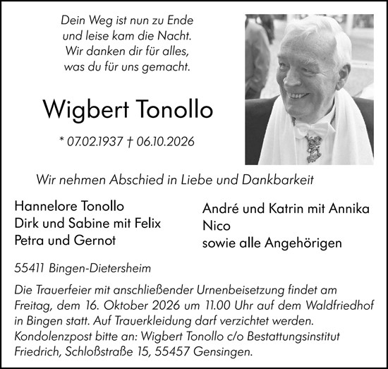 Traueranzeige von Wigbert Tonollo von Allgemeine Zeitung Rheinhessen-Nahe