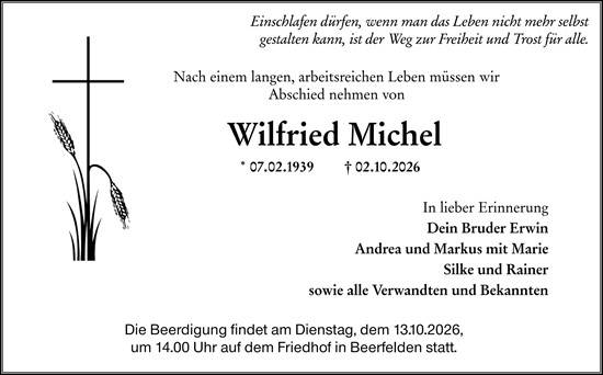 Traueranzeige von Wilfried Michel von Odenwälder Echo