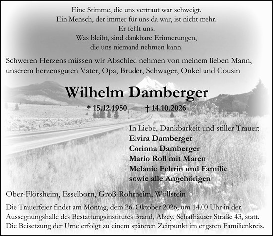 Traueranzeige von Wilhelm Damberger von Allgemeine Zeitung Alzey