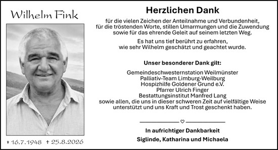 Traueranzeige von Wilhelm Fink von Weilburger Tageblatt