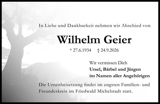 Traueranzeige von Wilhelm Geier von Groß-Gerauer Echo