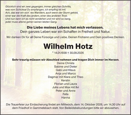 Traueranzeige von Wilhelm Hotz von Odenwälder Echo