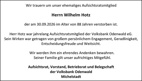 Traueranzeige von Wilhelm Hotz von Odenwälder Echo