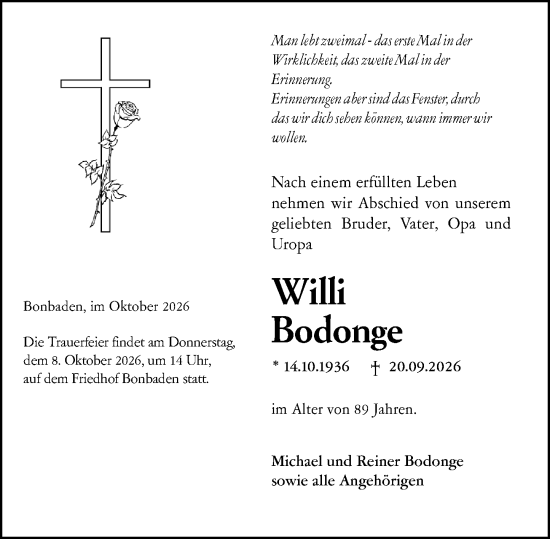 Traueranzeige von Willi Bodonge von Wetzlarer Neue Zeitung