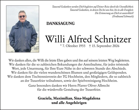Traueranzeige von Willi Alfred Schnitzer von Hochheimer Zeitung