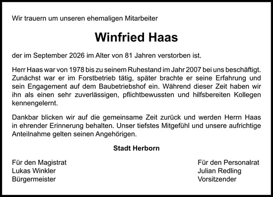 Traueranzeige von Winfried Haas von Dill Block