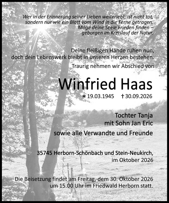 Traueranzeige von Winfried Haas von Dill Block