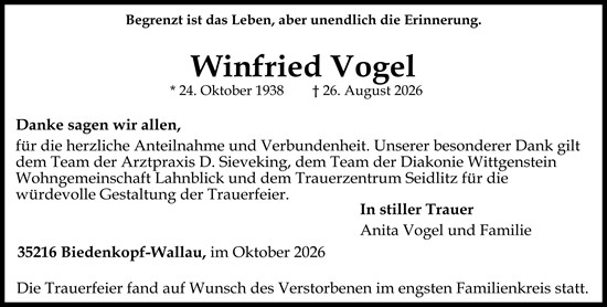 Traueranzeige von Winfried Vogel von Hinterländer Anzeiger