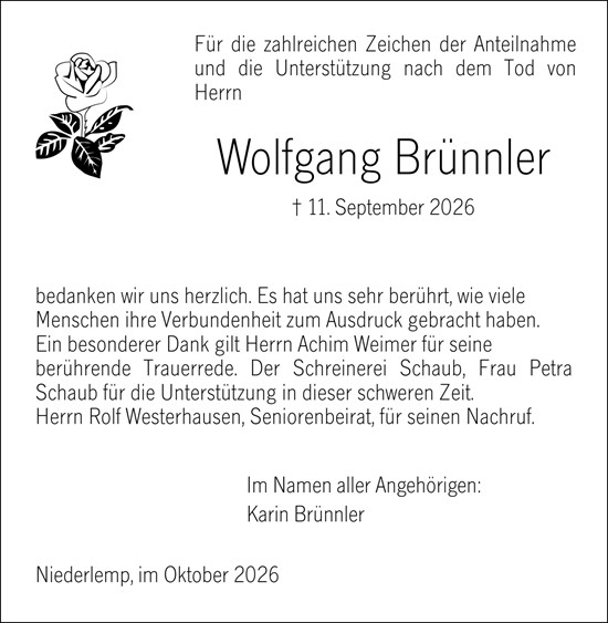 Traueranzeige von Wolfgang Brünnler von Wetzlarer Neue Zeitung