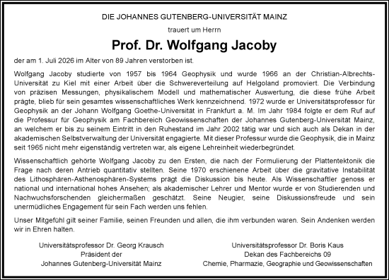 Traueranzeige von Wolfgang Jacoby von Allgemeine Zeitung Mainz