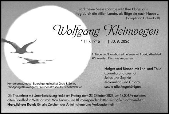 Traueranzeige von Wolfgang Kleinwegen von Wetzlarer Neue Zeitung