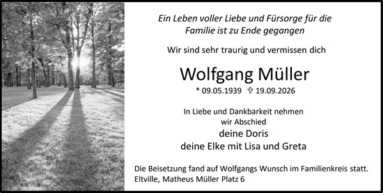 Traueranzeige von Wolfgang Müller von Wiesbadener Kurier