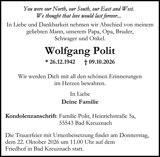 Traueranzeige von Wolfgang Polit von Allgemeine Zeitung Rheinhessen-Nahe