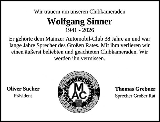 Traueranzeige von Wolfgang Sinner von Allgemeine Zeitung Mainz