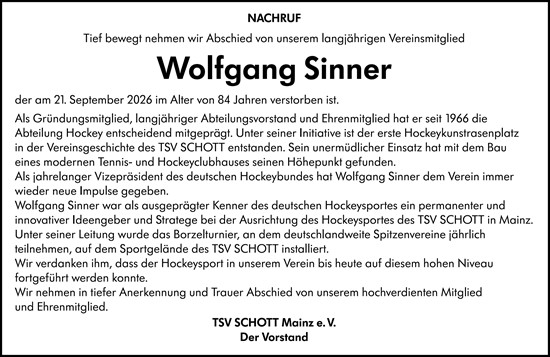 Traueranzeige von Wolfgang Sinner von Allgemeine Zeitung Mainz