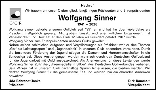 Traueranzeige von Wolfgang Sinner von Allgemeine Zeitung Mainz