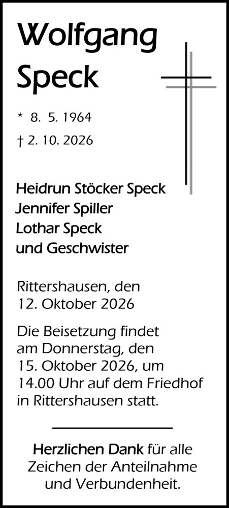 Traueranzeige von Wolfgang Speck von Dill Block