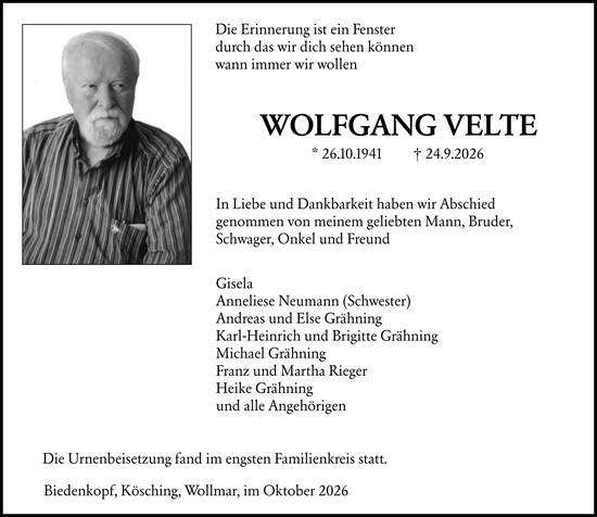 Traueranzeige von Wolfgang Velte von Hinterländer Anzeiger