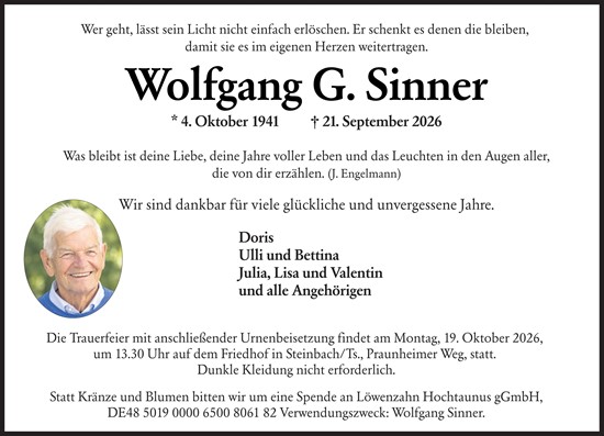 Traueranzeige von Wolfgang G. Sinner von Allgemeine Zeitung Mainz