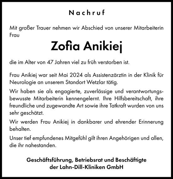 Traueranzeige von Zofia Anikiej von Wetzlarer Neue Zeitung