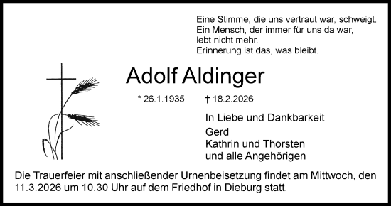 Traueranzeige von Adolf Aldinger von Dieburger Anzeiger/Groß-Zimmerner Lokal-Anzeiger