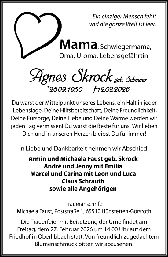 Traueranzeige von Agnes Skrock von Idsteiner Land/Untertaunus