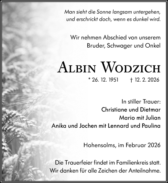 Traueranzeige von Albin Wodzich von Dill Block