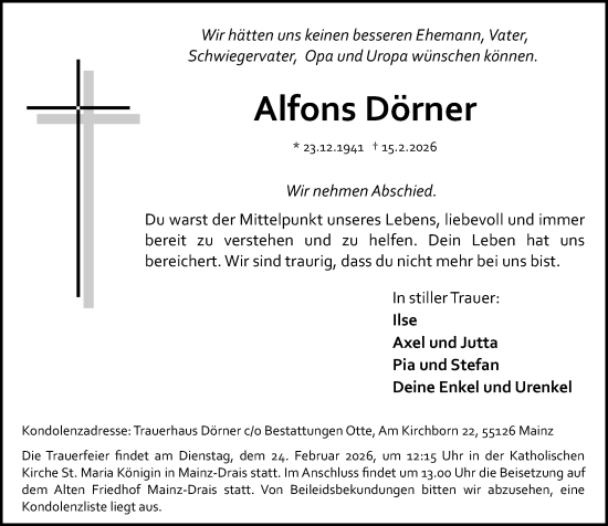Traueranzeige von Alfons Dörner von Allgemeine Zeitung Mainz
