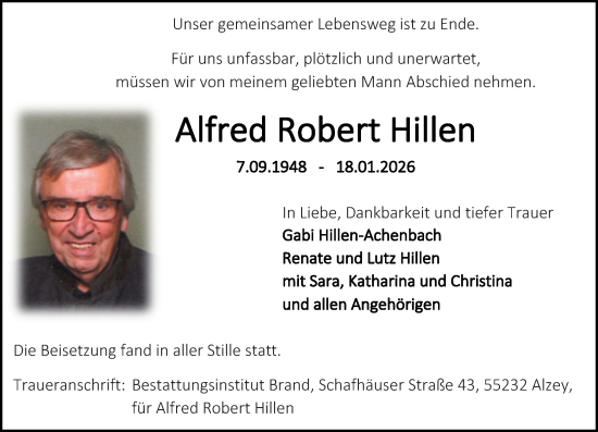 Traueranzeige von Alfred Robert Hillen von Allgemeine Zeitung Alzey
