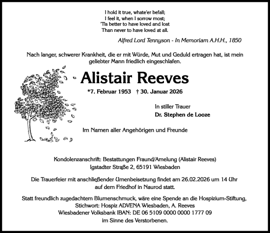 Traueranzeige von Alistair Reeves von Wiesbadener Kurier